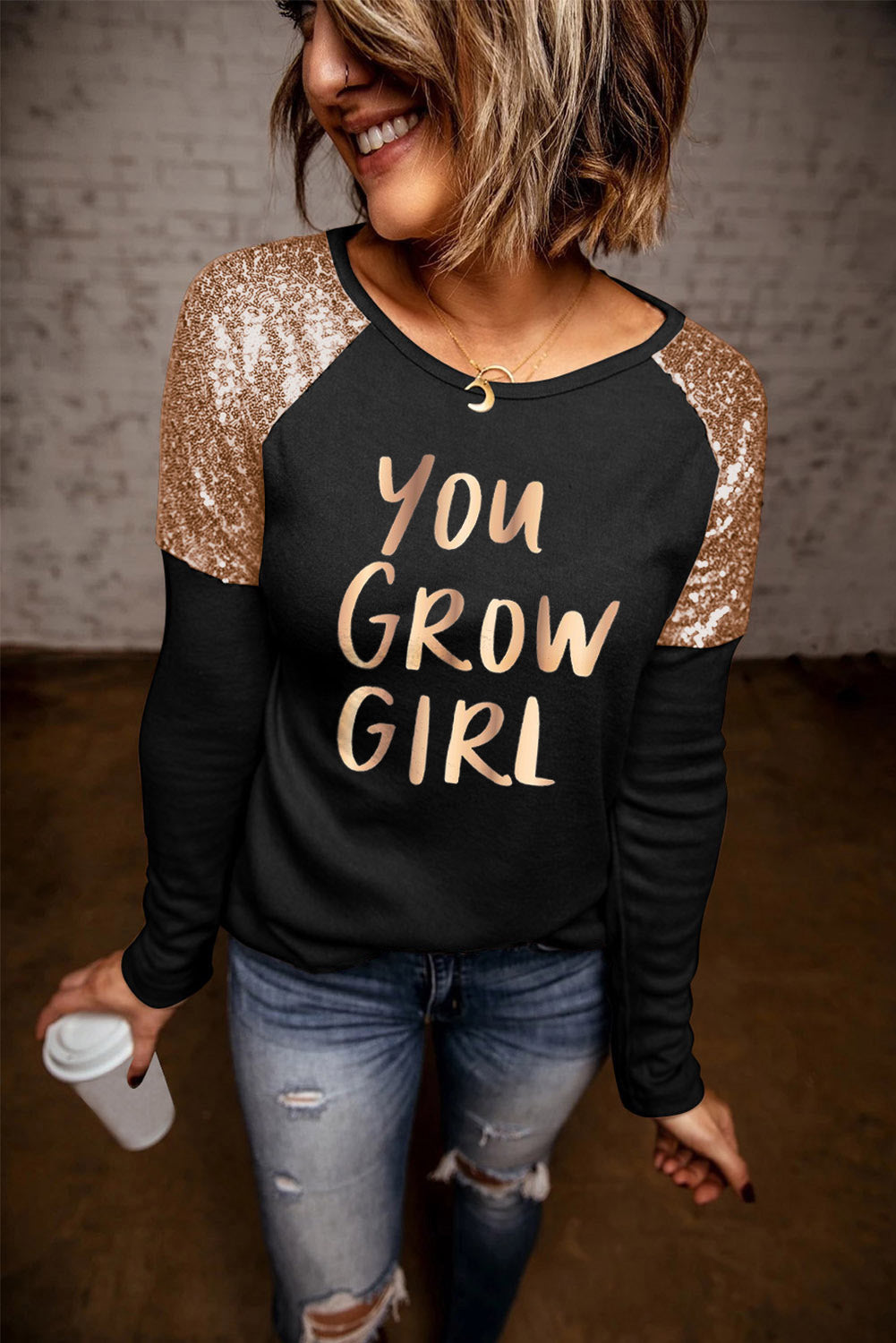 YOU GROW GIRL Sequin Long Raglan Sleeve Tee