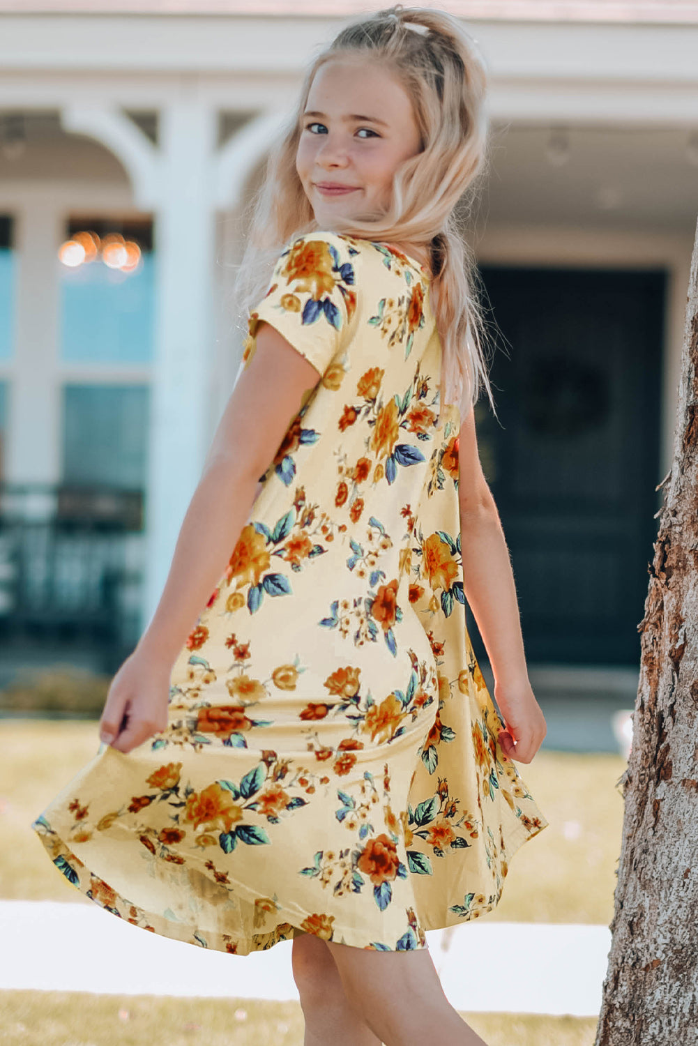 Girls Floral Round Neck Short Sleeve Dress with Pockets