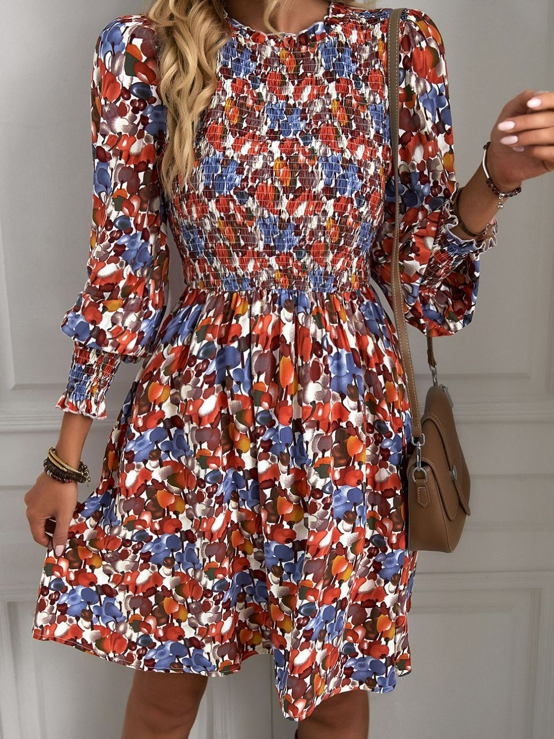 Printed Puff Sleeve Smocked Dress