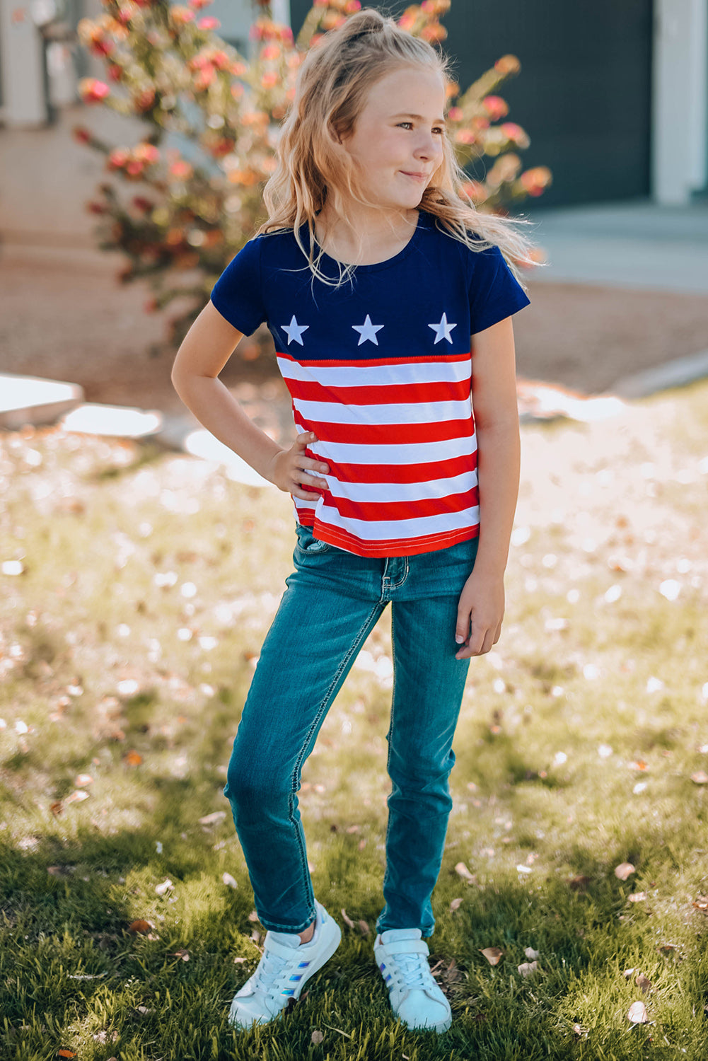 Girls Stars and Stripes Round Neck T-Shirt