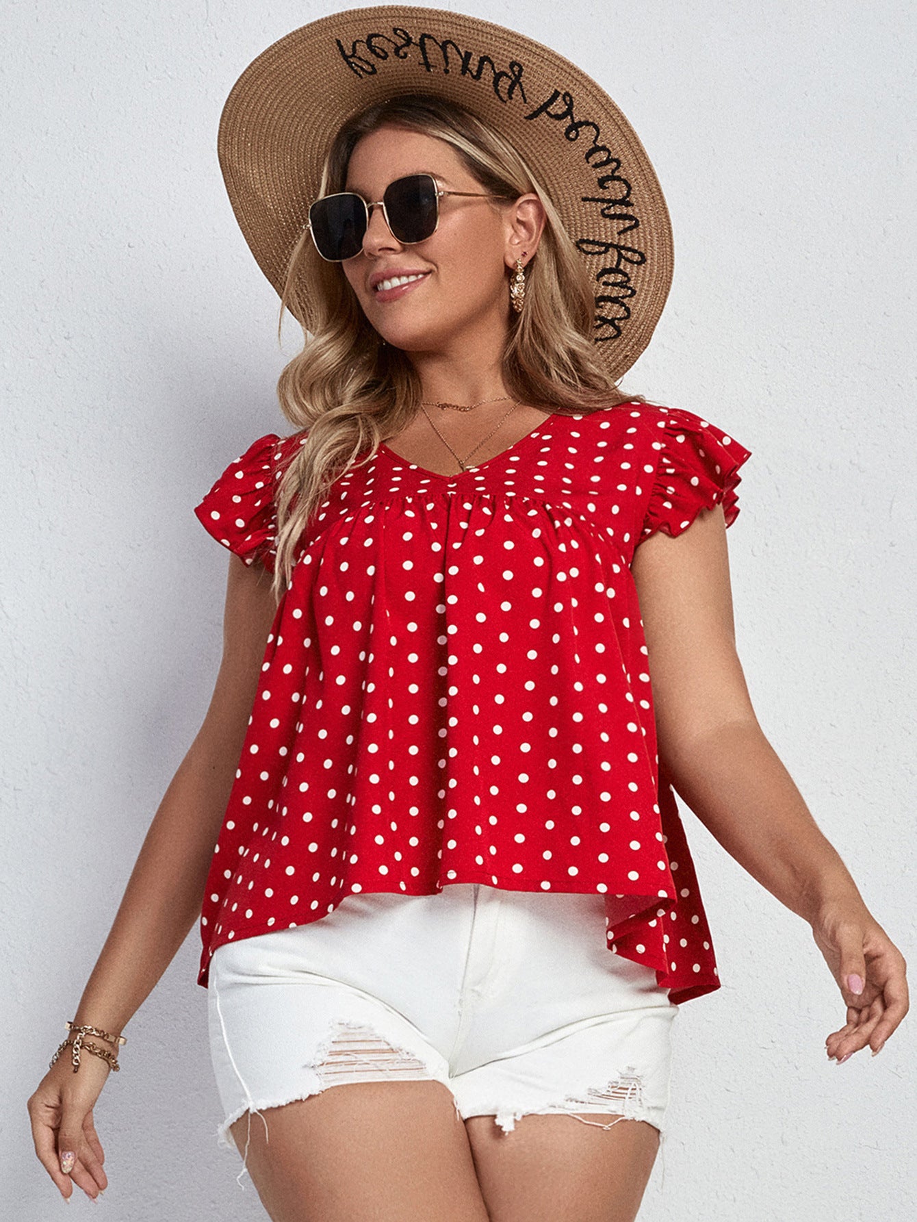 Plus Size Polka Dot Flutter Sleeve Babydoll Top