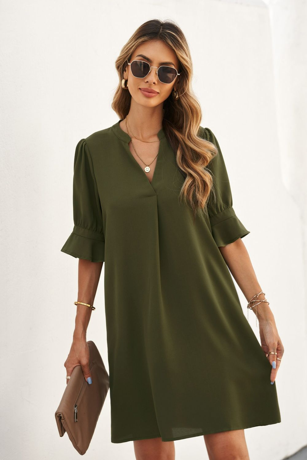 Puff Sleeve Notched Mini Shift Dress