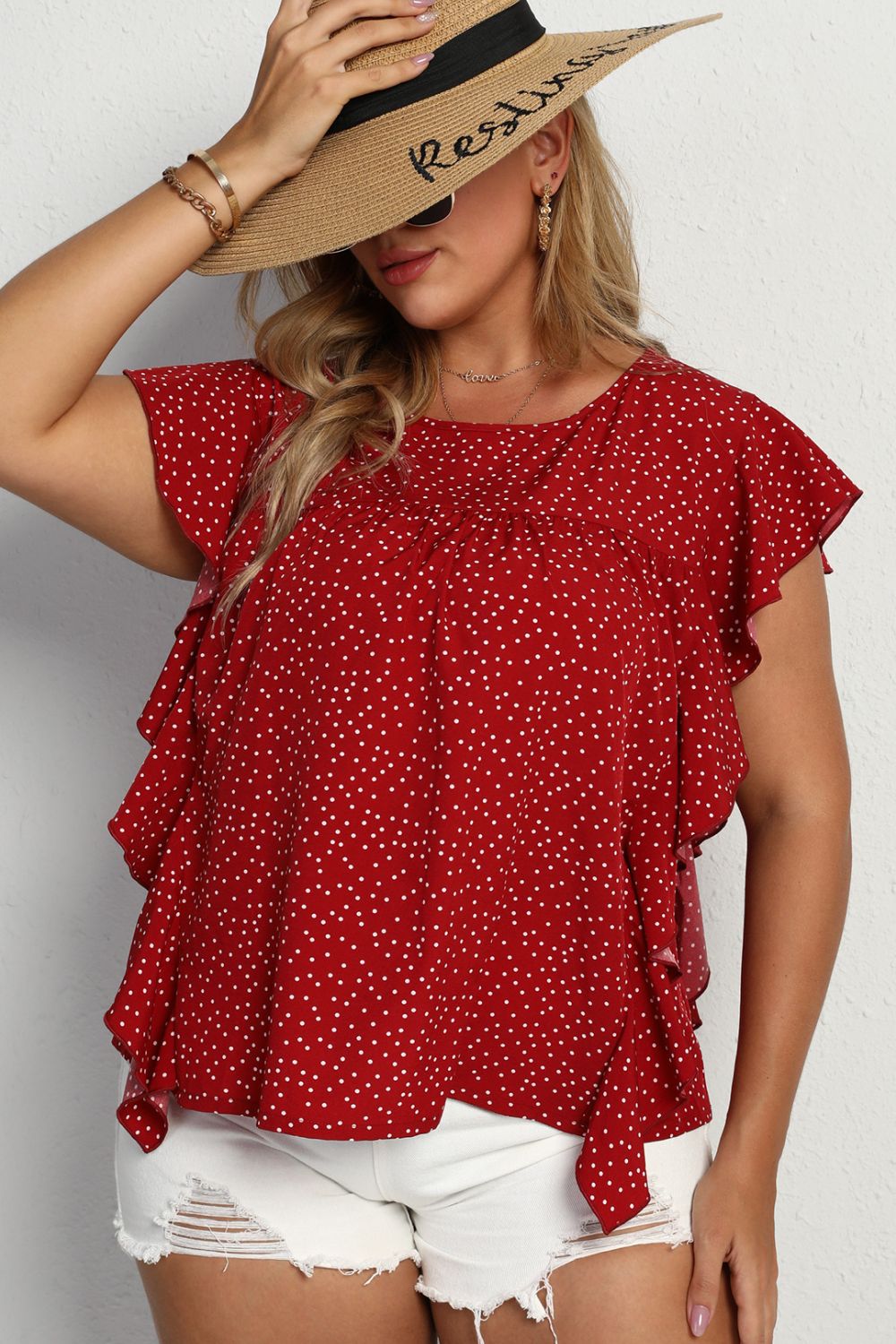 Plus Size Polka Dot Ruffled Flutter Sleeve Blouse