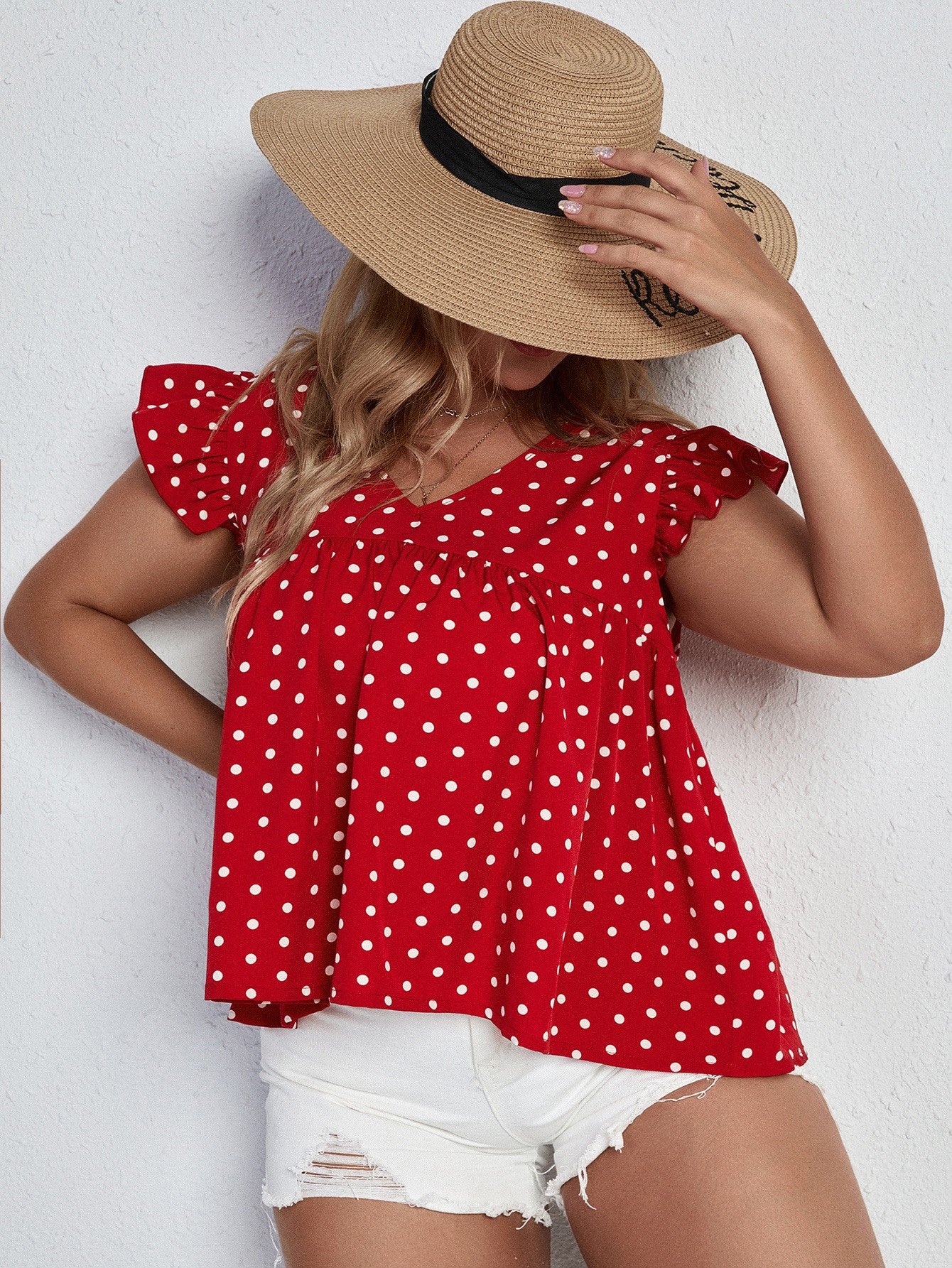 Plus Size Polka Dot Flutter Sleeve Babydoll Top