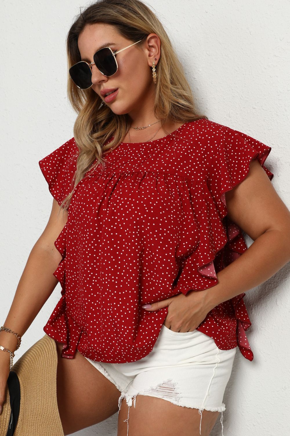 Plus Size Polka Dot Ruffled Flutter Sleeve Blouse