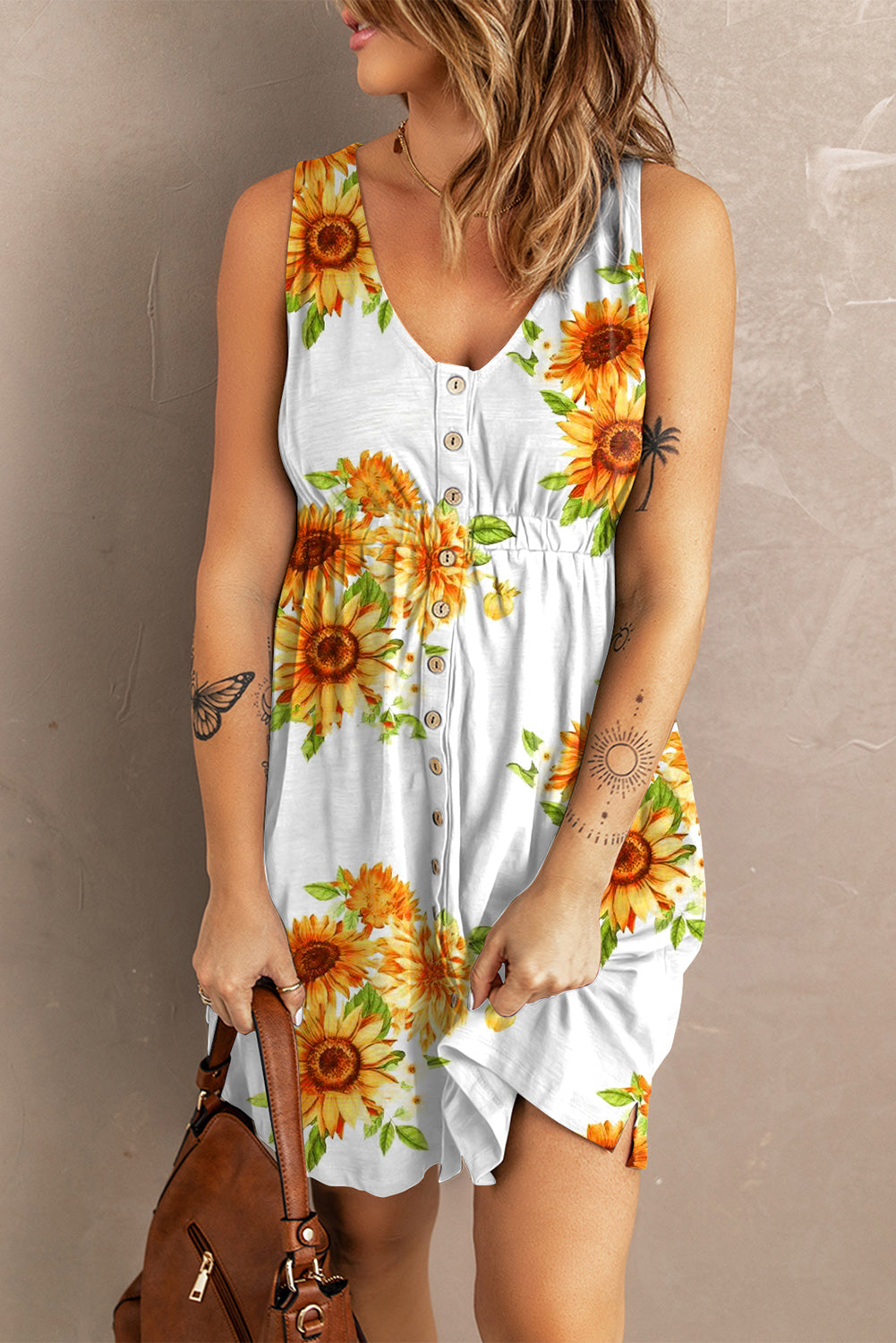 Sunflower Print Button Down Sleeveless Dress