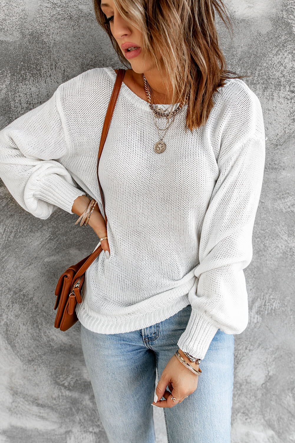 Tied Balloon Sleeve Round Neck Sweater