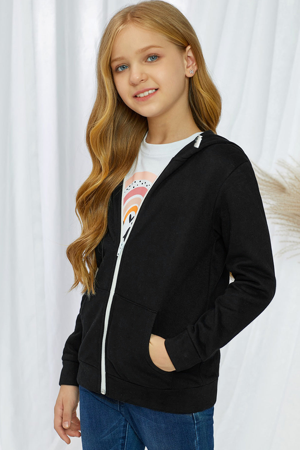 Girls Zip-Up Drawstring Hooded Jacket with Pockets