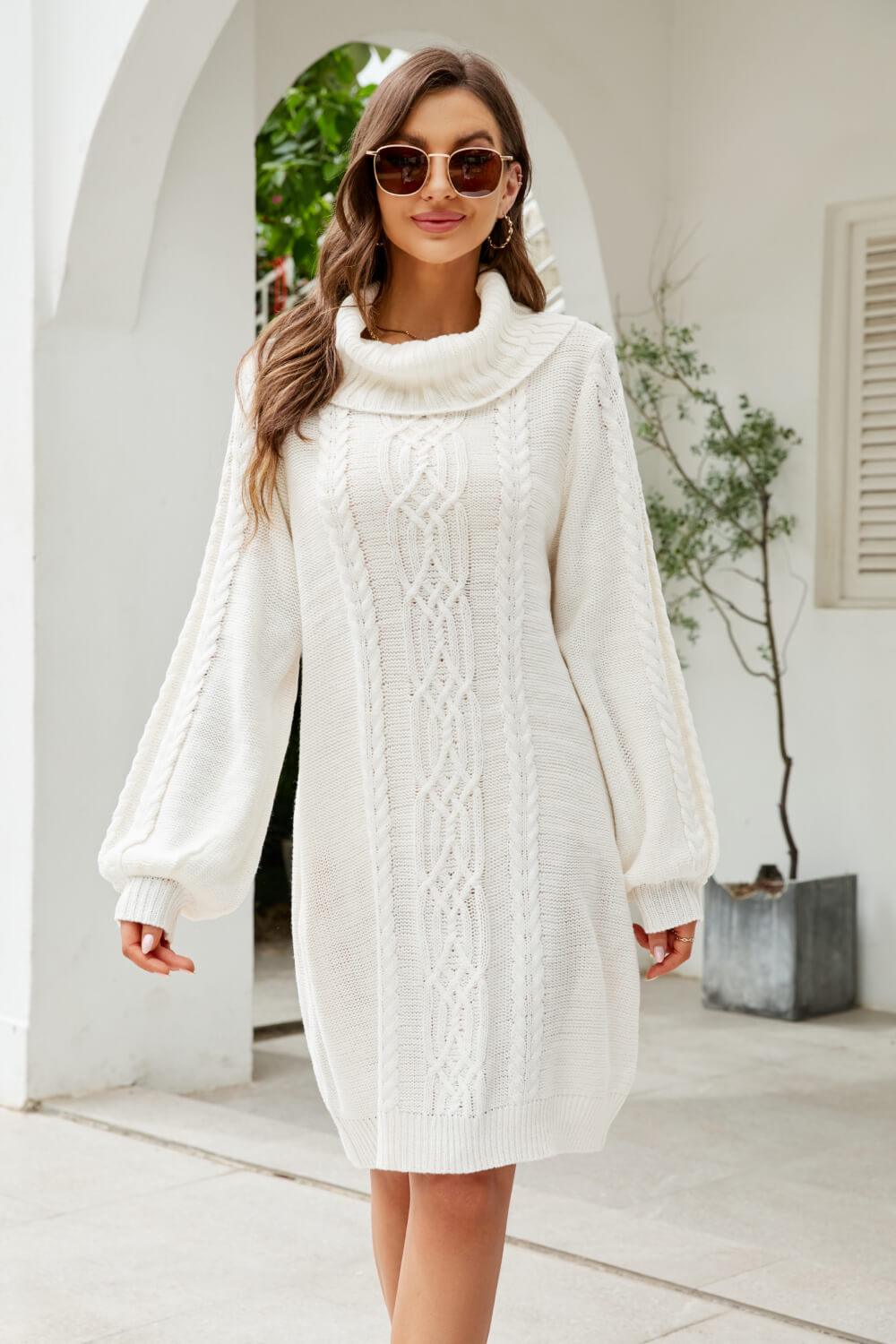 Mixed Knit Turtleneck Lantern Sleeve Sweater Dress