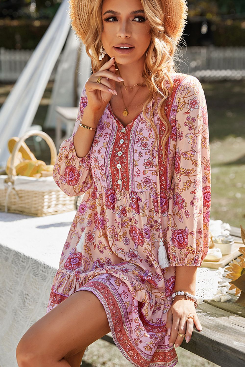 Floral Tied Balloon Sleeve Mini Dress