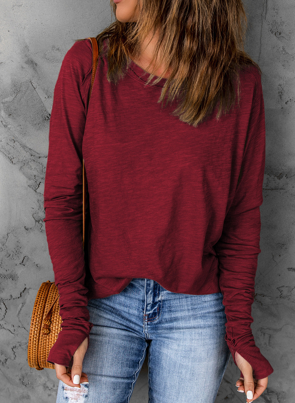 Thumbhole Long Sleeve Round Neck Top