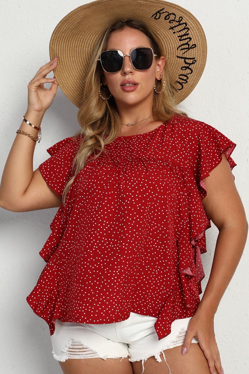 Plus Size Polka Dot Ruffled Flutter Sleeve Blouse