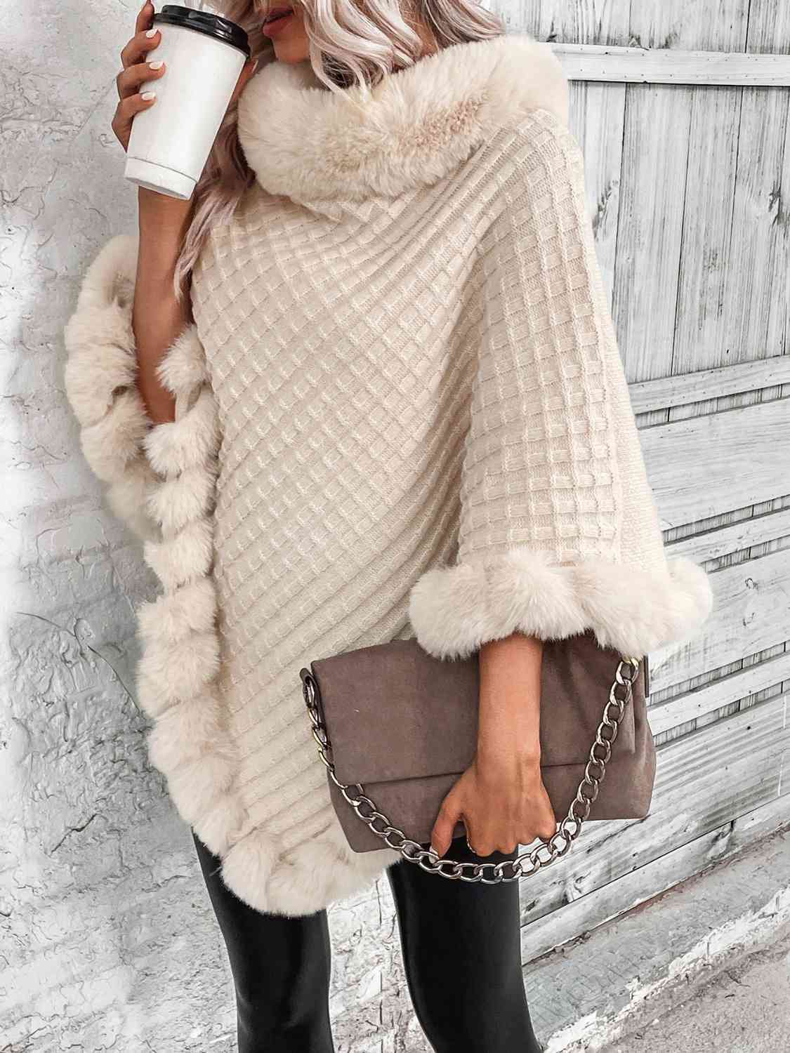 Faux Fur Trim Poncho