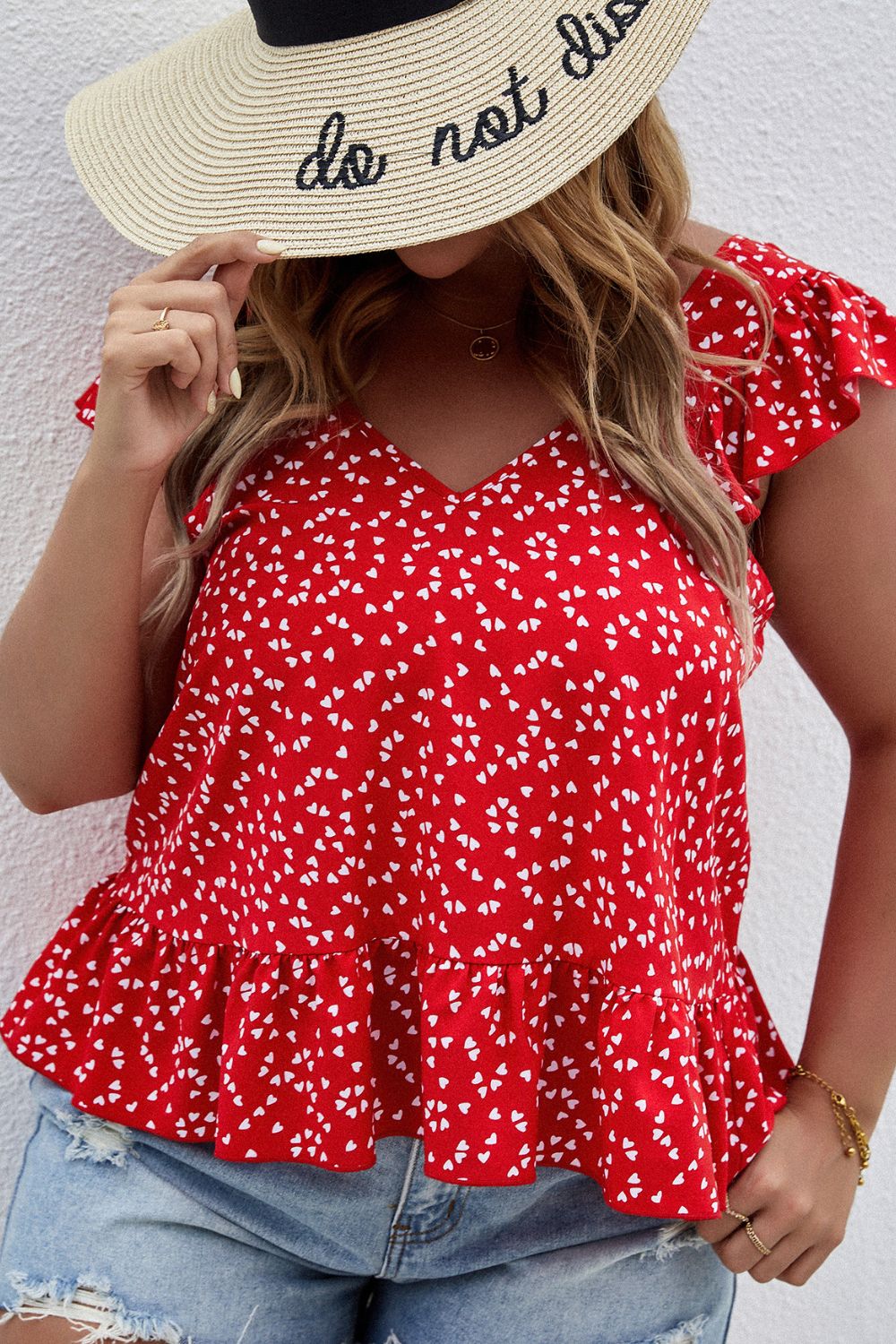 Plus Size Heart Print Flutter Sleeve Peplum Top