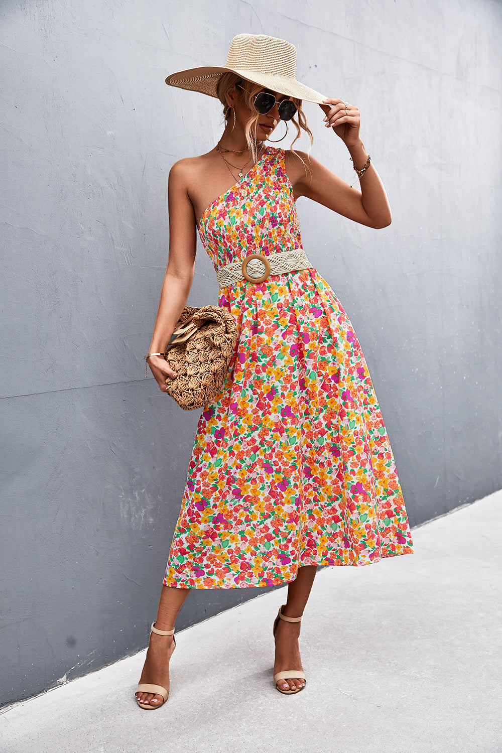 Floral Smocked One-Shoulder Midi Dress