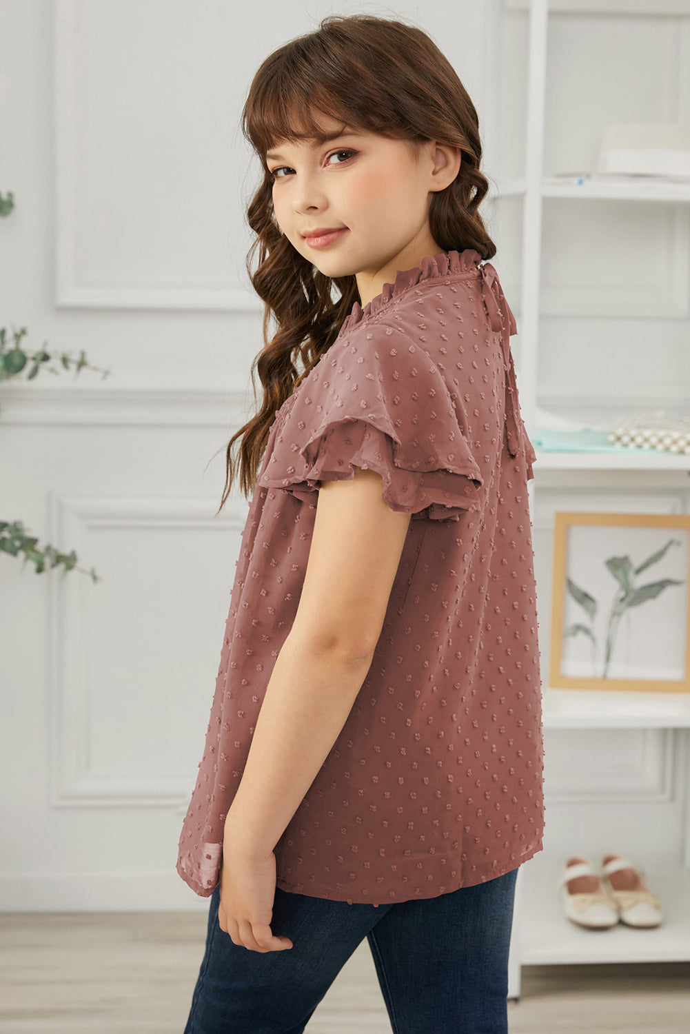 Girls Swiss Dot Smocked Flutter Sleeve Blouse