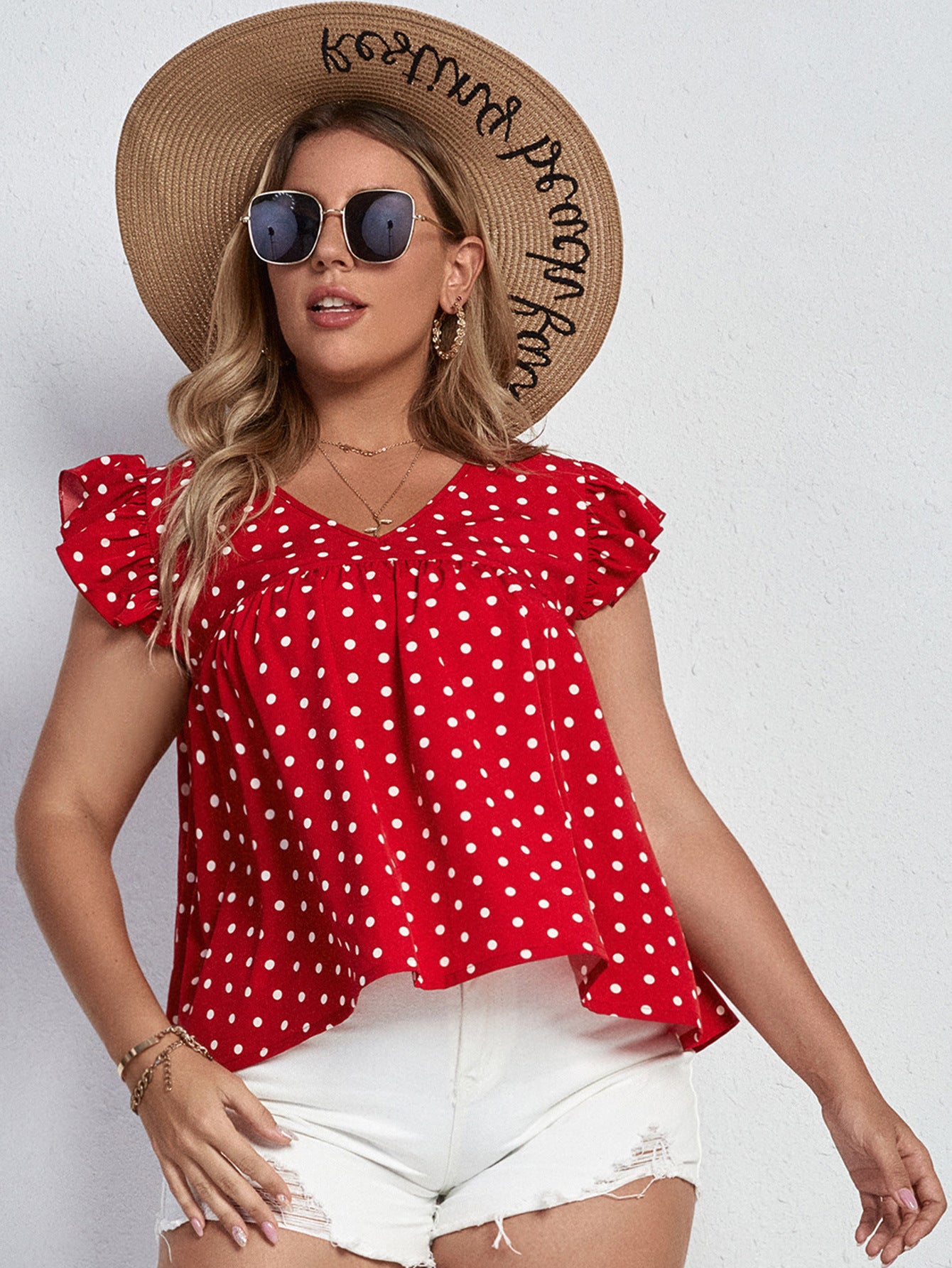 Plus Size Polka Dot Flutter Sleeve Babydoll Top