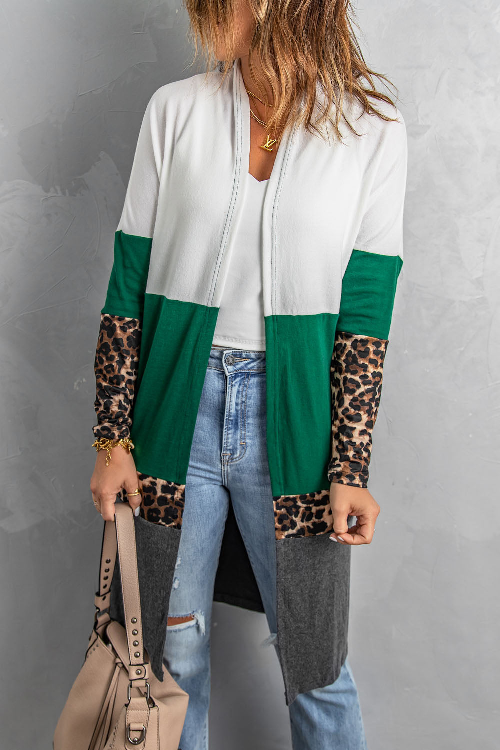 Leopard Color Block Open Front Longline Cardigan Sweater