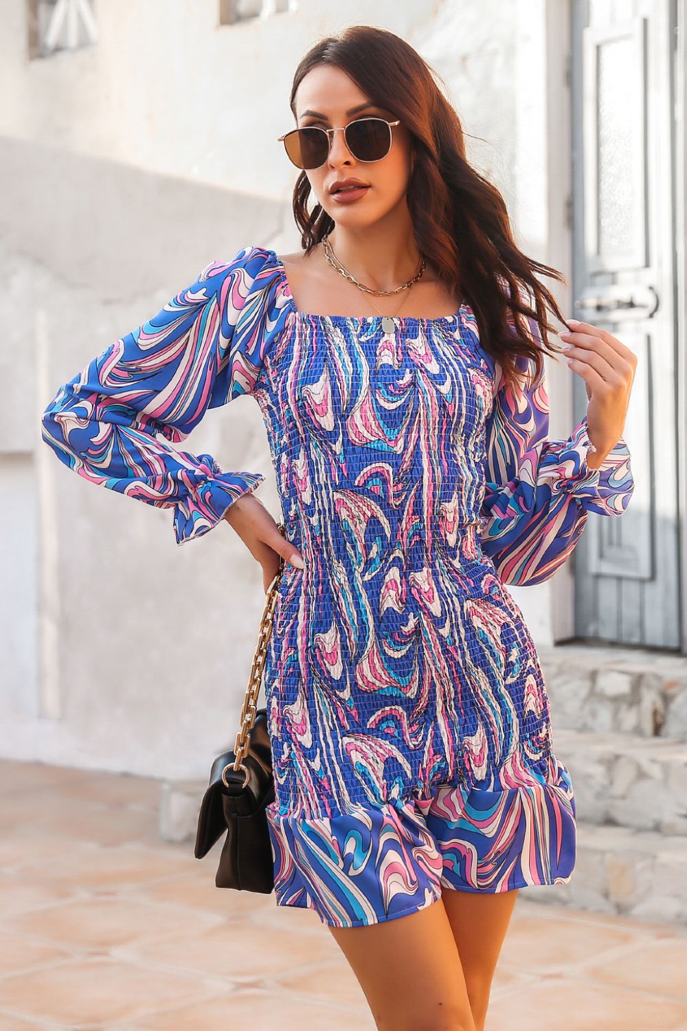 Abstract Print Square Neck Smocked Dress