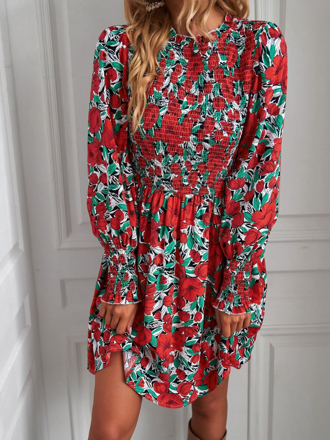 Printed Puff Sleeve Smocked Dress