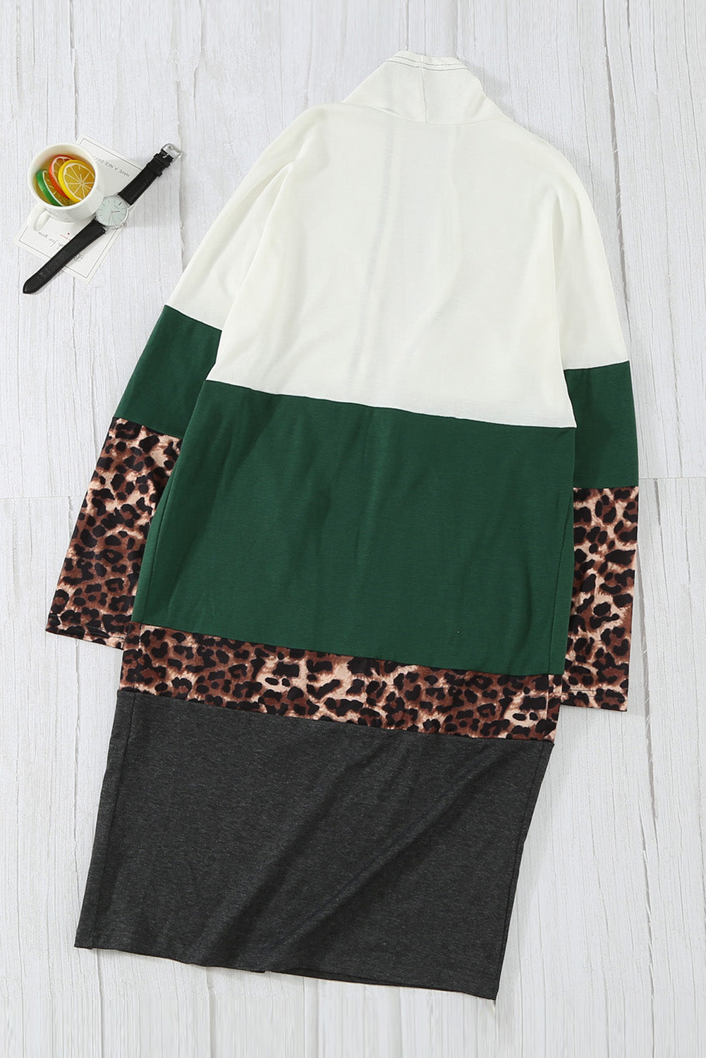 Leopard Color Block Open Front Longline Cardigan Sweater