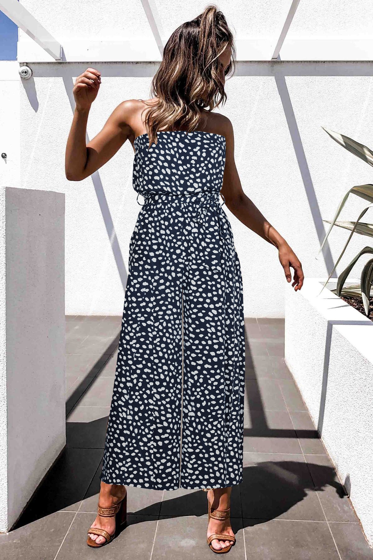 Printed Strapless Tie Waist Wide Leg Jumpsuit