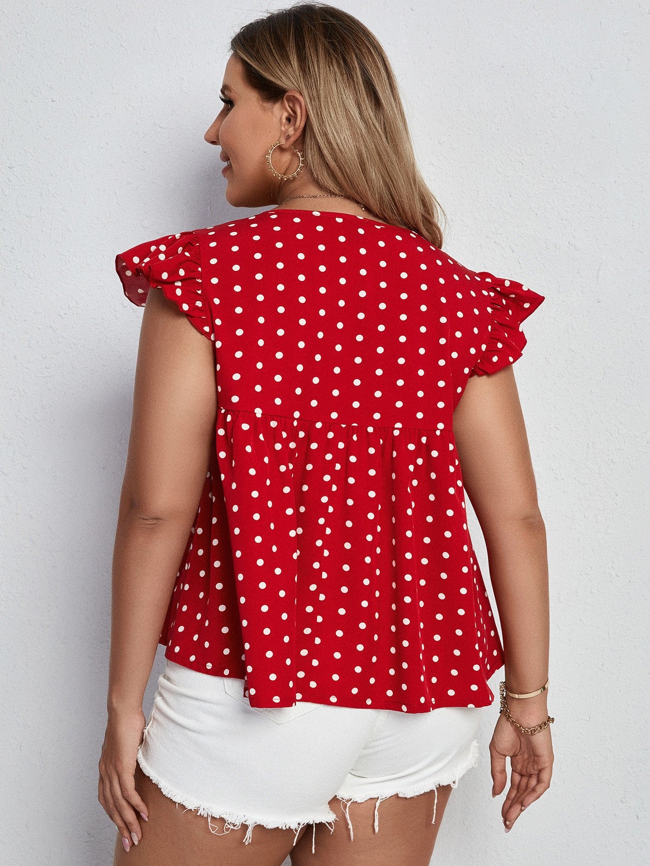 Plus Size Polka Dot Flutter Sleeve Babydoll Top